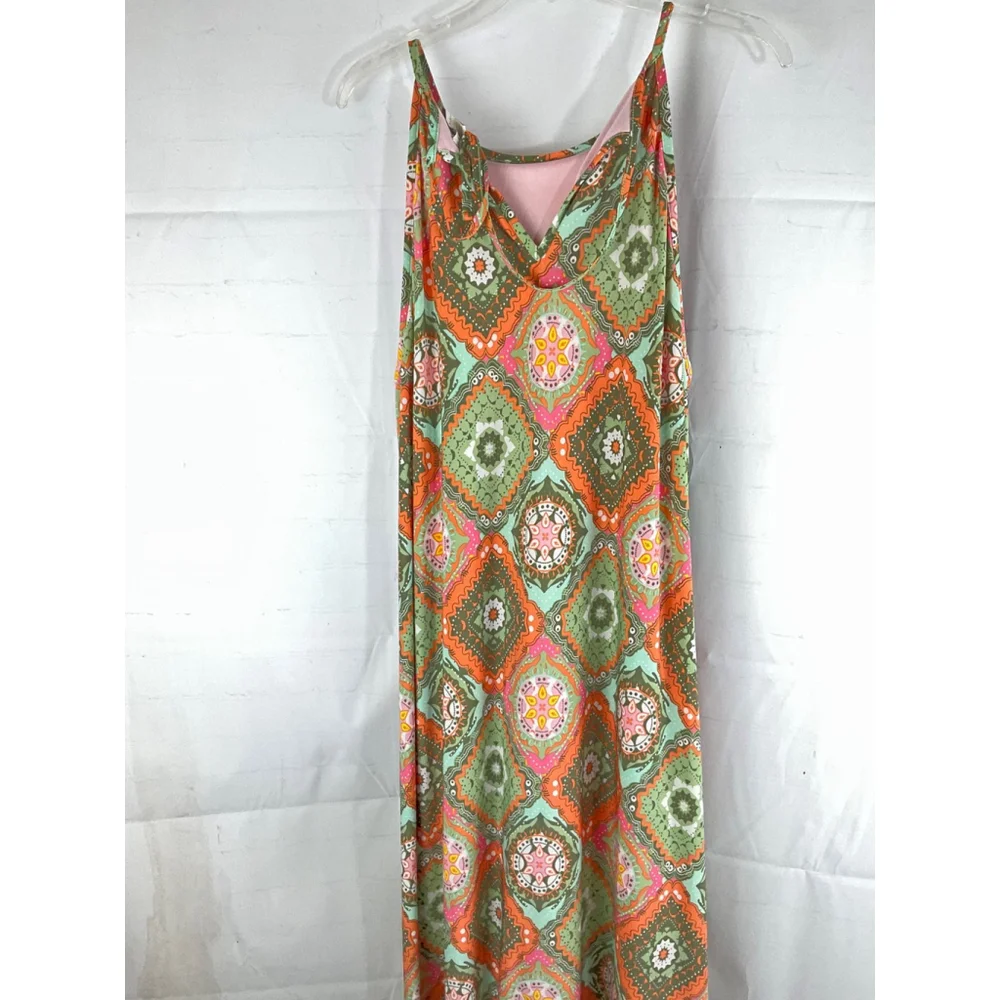 Cato Women's Maxi Dress Geometric Print Spaghetti Strap 18/20W Pink/Green/Orange - Picture 4 of 5